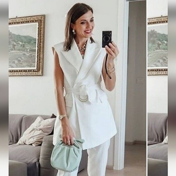 ZARA Long V-neck white vest dress with belt size L - Picture 3 of 14